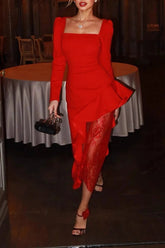 Robe midi asymétrique en dentelle à encolure carrée et ourlet à volants