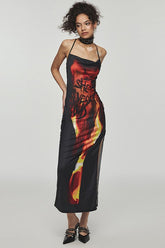 Flame Print Cami Backless Midi Dress