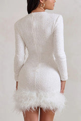 Chic Long Sleeve Crew Neck Solid Sequin Feather Sequin Dress