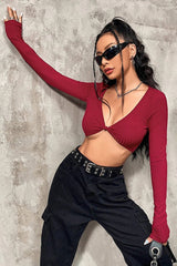 T-shirt bustier court sexy rayé à manches longues