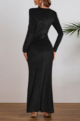 Elegant Long Sleeve Ruched Velvet Slit Fitted Waist Party Dress