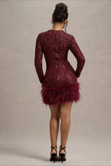 Chic Long Sleeve Crew Neck Solid Sequin Feather Sequin Dress