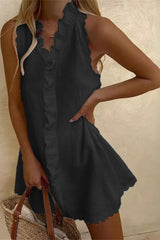 V-Neck Ruffle Cotton Linen Mini Dress