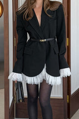 Black Lace V Neck Blazer Coat