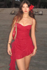 Robe mini à fines bretelles volantées