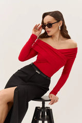 Ruched Cross Slim Bare-Shoulder Long Sleeve Tee