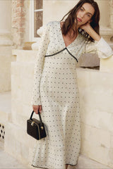 Satin Polka Dot V-Neck A-Line Midi Dress