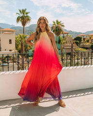 Robe longue dos nu plissée Mykonos à effet ombré - Rose rouge