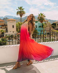 Robe longue dos nu plissée Mykonos à effet ombré - Rose rouge