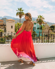 Robe longue dos nu plissée Mykonos à effet ombré - Rose rouge