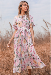 PRÉCOMMANDE - Robe midi plissée à fleurs Quiet Escape - Ivoire