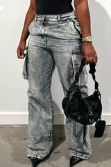 KittenAlarm - Jean en denim droit taille mi-haute, coupe droite, style streetwear décontracté, effet vieilli, patchwork, poches, boutons et fermeture éclair.