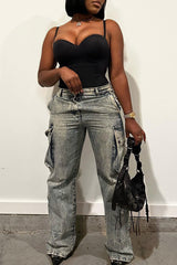 KittenAlarm - Jean en denim droit taille mi-haute, coupe droite, style streetwear décontracté, effet vieilli, patchwork, poches, boutons et fermeture éclair.