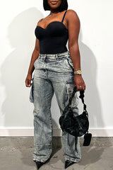 KittenAlarm - Jean en denim droit taille mi-haute, coupe droite, style streetwear décontracté, effet vieilli, patchwork, poches, boutons et fermeture éclair.