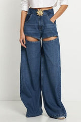 KittenAlarm - Jean en denim taille haute classique avec accessoires métalliques patchwork décontractés et contrastes.