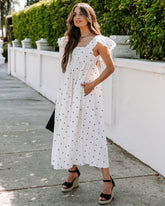 Robe midi à pois Edith en coton blanc avec poches -