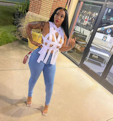 KittenAlarm - Nouveau jean skinny déchiré à bretelles élastiques au dos pour femme