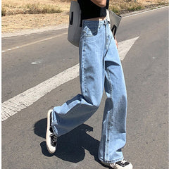 KittenAlarm - Jeans femme taille haute, jambes larges, denim bleu streetwear vintage, style Harajuku, pantalon droit
