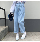 KittenAlarm - Jeans Femme Uni Vintage Taille Haute Jambes Larges Pantalon en Denim Simple Étudiantes Décontractées et Chics Style Harajuku