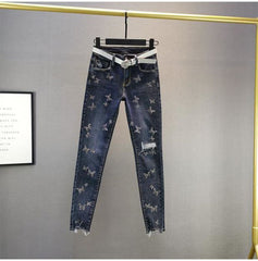 KittenAlarm - Jeans taille haute femme en promotion, ornés de perles et de papillons, jeans déchirés tendance, jeans stretch grande taille, jeans délavés, pantalons crayon