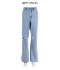 KittenAlarm - Jean ample pour femme, déchiré, jambes larges, taille haute, délavage bleu, pantalon en denim de coton décontracté, pantalon d'été baggy