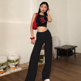 KittenAlarm - Mojoyce Pantalon de survêtement taille haute à jambes larges pour femme, style streetwear, broderie lettres, velours rouge et noir, pantalon Harajuku C94-AC97