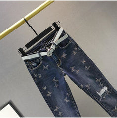 KittenAlarm - Jeans taille haute femme en promotion, ornés de perles et de papillons, jeans déchirés tendance, jeans stretch grande taille, jeans délavés, pantalons crayon