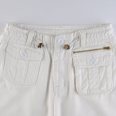 KittenAlarm - Women Spring Fashion Multi Pockets White Cargo Pants Women Adjustable Low Waist Baggy Wide Leg Jeans Oversized Casual Trousers Retro Bottoms Iamhotty