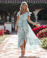 Robe longue Kayan à imprimé palmiers, boutonnée et smockée