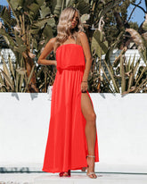 Robe longue fendue sans bretelles - Orange vif