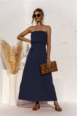 Robe longue bustier à volants effet cascade - Bleu marine profond