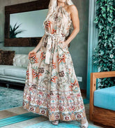 Robe midi Hadley à poches, imprimé floral et bretelles nouées - Moka