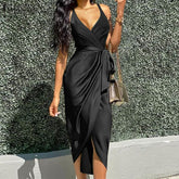 Robe midi portefeuille en satin élégant - Noir