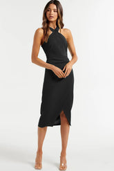 Robe midi asymétrique dos nu en satin Havyn - Noire