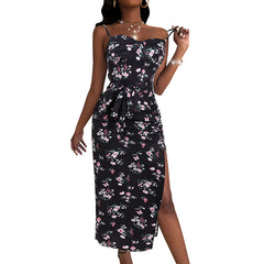 Robe longue bustier à smocks Farhan à imprimé floral - Noire