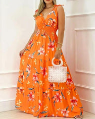 Robe longue bustier à smocks Farhan à motif floral - Rouille