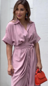 Robe-chemise midi Essence en satin à nouer sur le devant - Lavande