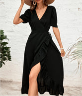 Robe longue portefeuille à volants style tapis rouge - Noire - Vente finale