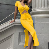 Robe midi Jenner en lin mélangé à nœud sur le devant et découpe - Citron vert