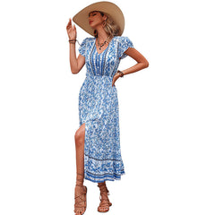 Robe midi à manches bouffantes et smocks fleuris On Cloud Nine