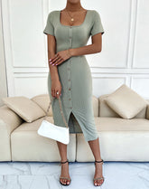 Robe midi Kamila boutonnée en maille côtelée - Avoine