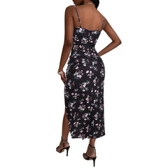 Robe longue bustier à smocks Farhan à imprimé floral - Noire