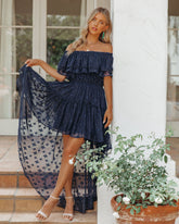 Robe longue asymétrique à épaules dénudées Panache - Bleu marine