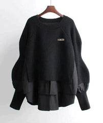 Loose Shirt Patchwork Layered Knit Pullover Sweater