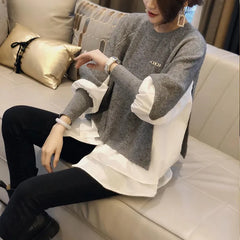 Loose Shirt Patchwork Layered Knit Pullover Sweater