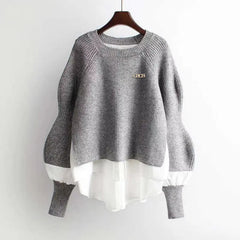 Loose Shirt Patchwork Layered Knit Pullover Sweater