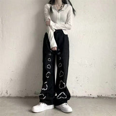 KittenAlarm - Mojoyce High Street Hot Girl Vintage Heart Print High Waist Straight Goth Baggy Jeans Woman Y2K Clothes Wide Leg Denim Pants