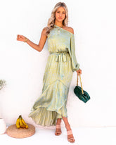 Robe maxi asymétrique léopard en satin sauvage