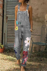 KittenAlarm - Flower-printed Baggy Jeans With Suspenders(3 Colors)
