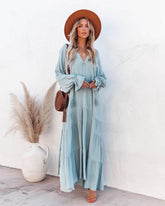 Robe longue bohème à volants Bowdan - Bleu clair